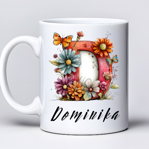 Kubek z nadrukiem 330ml z imieniem Dominika i literą D w kwiatowym stylu personalizowany kubek dla niej z możliwością zmiany imienia na literę D prezent