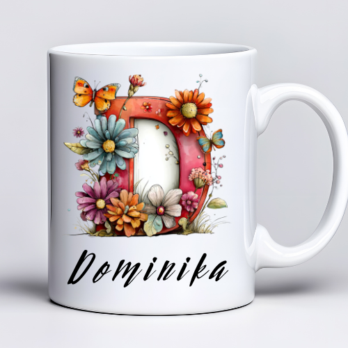 Kubek z nadrukiem 330ml z imieniem Dominika i literą D w kwiatowym stylu personalizowany kubek dla niej z możliwością zmiany imienia na literę D prezent